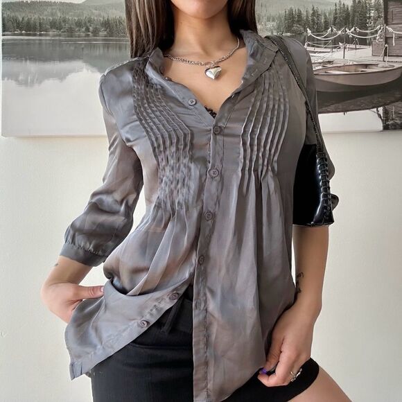2000s Grey satin silky preppy button up blouse - Picture 1 of 4